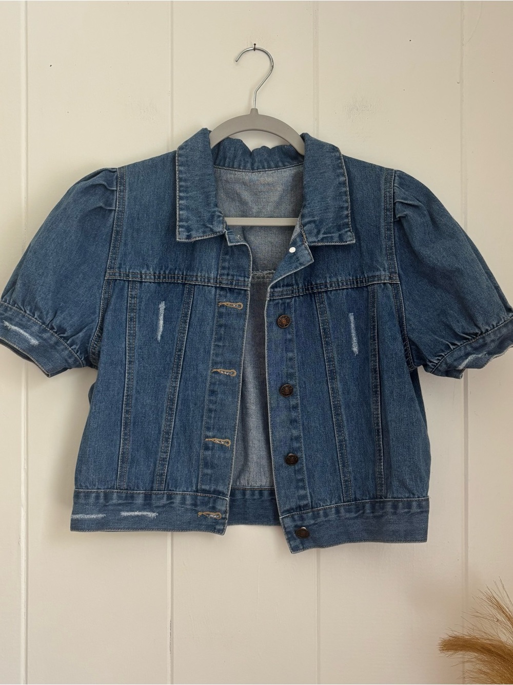 Cropped Puff Sleeve Denim Jacket - Medium Blue